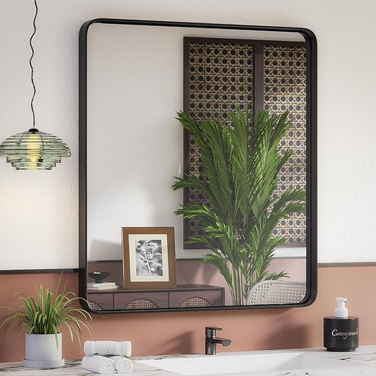 ISKM 32"x 36" Black Bathroom Mirror for Wall, Bathroom Vanity Mirror Anti-Rust, Tempered Glass, Rounded Rectangle Mirror(Horizontal/Vertical)
