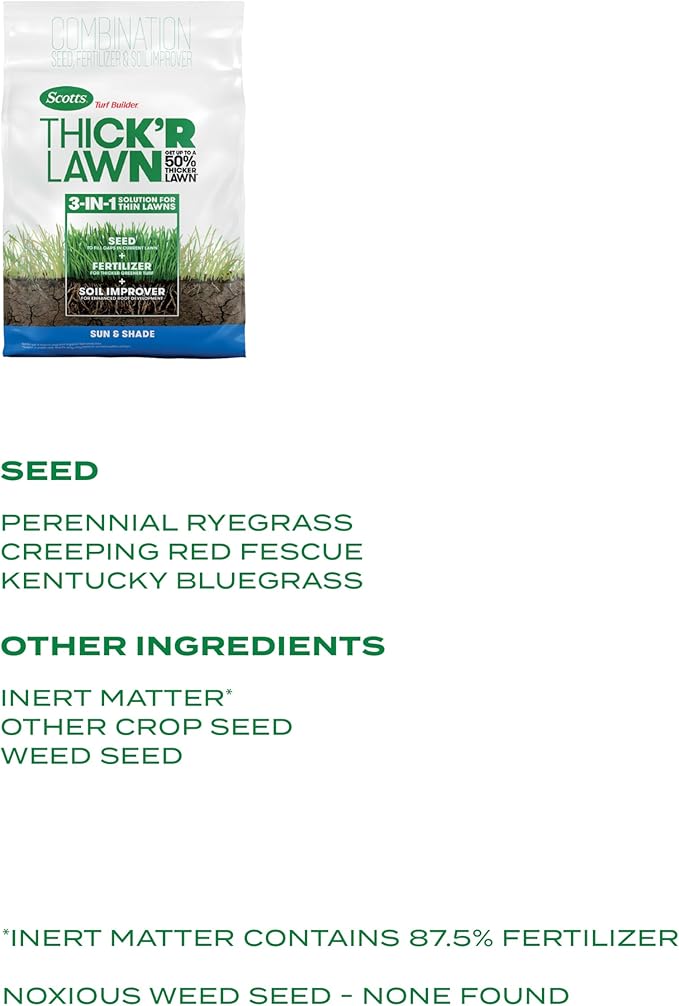 Scotts Turf Builder Thick'R Lawn Sun and Shade, Combination Seed, Fertilizer and Soil Improver, Thickens Thin Grass, 10 lbs.