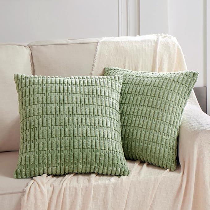 Fancy Homi 22x22 Pillow Covers, 2 Packs Sage Green Throw Pillow Covers with Stripe Pattern, Super Soft Corduroy Square Solid Cushion Cover for Couch Sofa Bedroom Living Room 55x55 cm