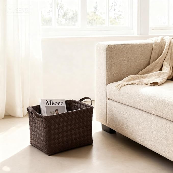 15L Laundry Baskets Waterproof Large Laundry Hamper Handmade Storage Baskets -set of 4 Collapsible Cube Organizers Woven Bins for Bathroom, Bedroom, Pantry, Shelves, Clothes and Towels-Coffee