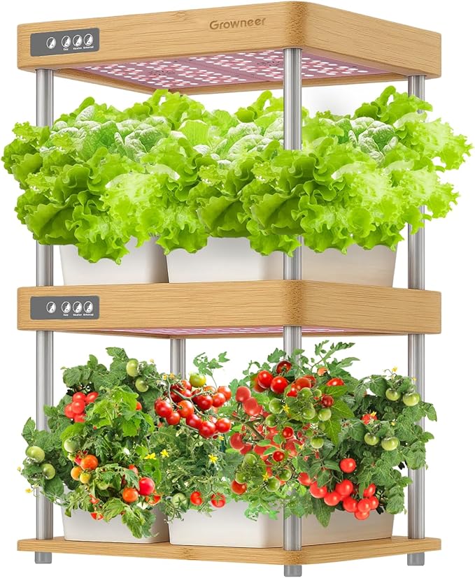 GROWNEER HydroEasy1.0 Hydroponic Growing System, 2-Tier Indoor Garden with Full-Spectrum LED Grow Lights, 32 Pods, Solid Wood Design, Independent Water Circulation, Ideal for Vegetables, Herbs, Bamboo
