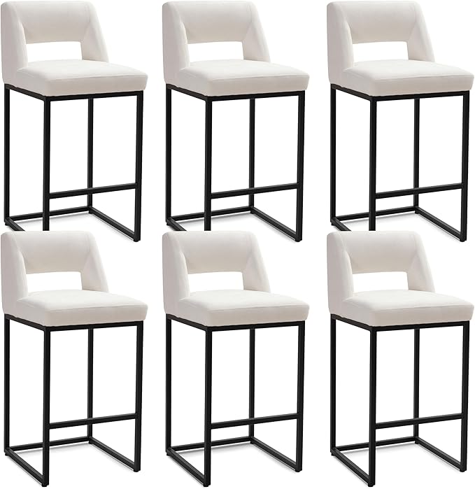 Black and White Counter Height Bar Stools Set of 6 for Kitchen Counter Modern Bar Chairs with Backs for Kitchen Island with Upholstered Fabric Seat and Metal Frame, 26 Inch