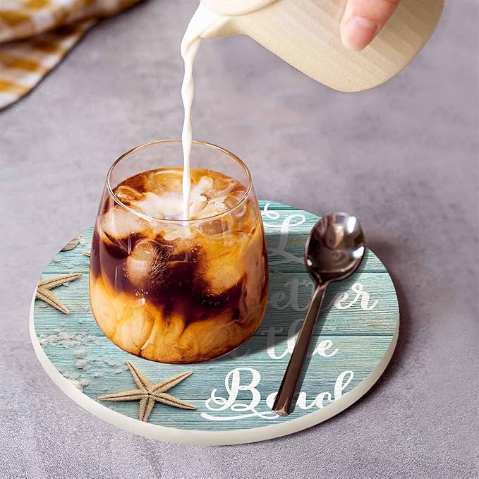 Life is Better at The Beach Drink Coaster for Tabletop Protection Summer Sand Sea Shells Starfishes Non-Slip Cups Place Mats Home Decor Diatomite Material for Men Women