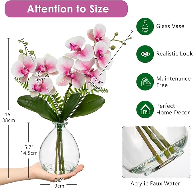 Pink Orchids Artificial Flowers, Faux Orchid in Glass Vase Real Touch Small Phalaenopsis Orchid Flowers Arrangements with Clear Vase Orchid Centerpiece for Dining Room Table