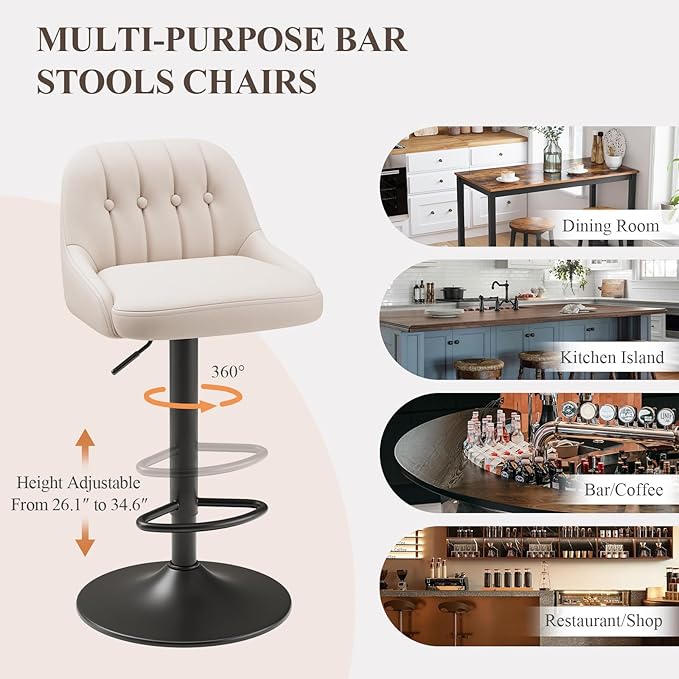 Bar Stools Set of 6, Swivel Bar Chairs, Modern Adjustable PU Leather Upholstered Barstools Counter Height with Tufted Back for Bar, Kitchen Counter Island, Dining Room, Beige