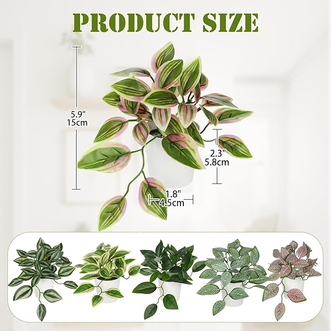 Hollyone Fake Plants 6 Pack Artificial Plants Indoor Faux Plant with White Plastic Pot Small Fake Potted Plant for Home Aesthetic Living Room Bathroom Desk Shelf Office Decor