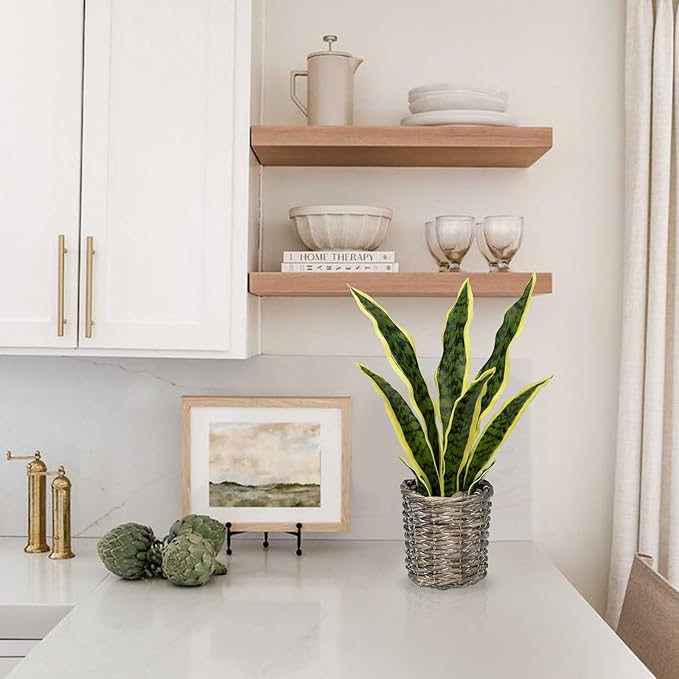 DILATATA Artificial Snake Plant 15 Inch Fake Sansevieria with Woven Basket Pot, Fake Mother in Law Plants Faux Potted Plant Greenery for Home Office Decor Indoor - Yellow
