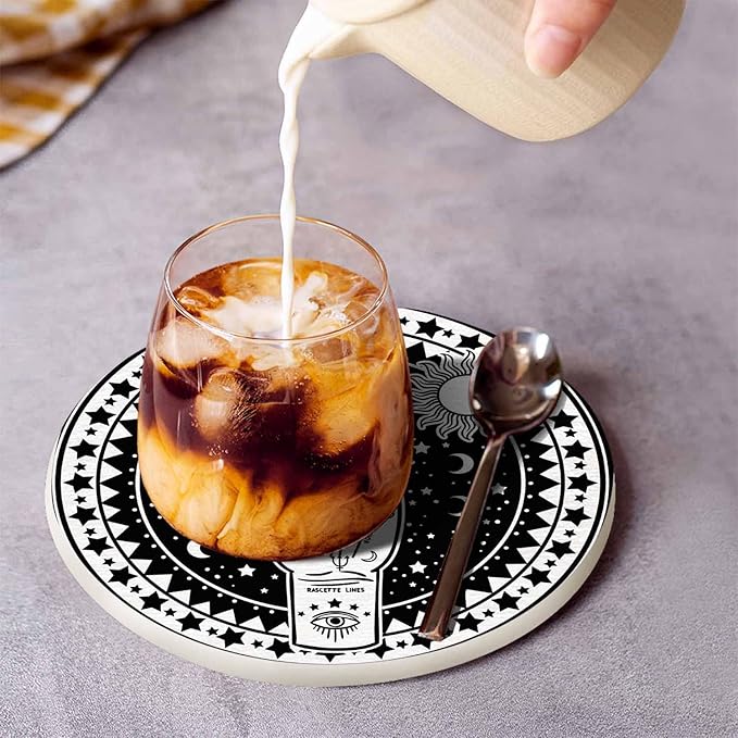 Fortune Teller Hand Coasters Set for Wood Table Palmistry Diagram Fate Mystic Occult Symbols Moon Star Sun Eye Tabletop Protection Mat for Mugs and Cups 4 Inch for Kitchen Office Home