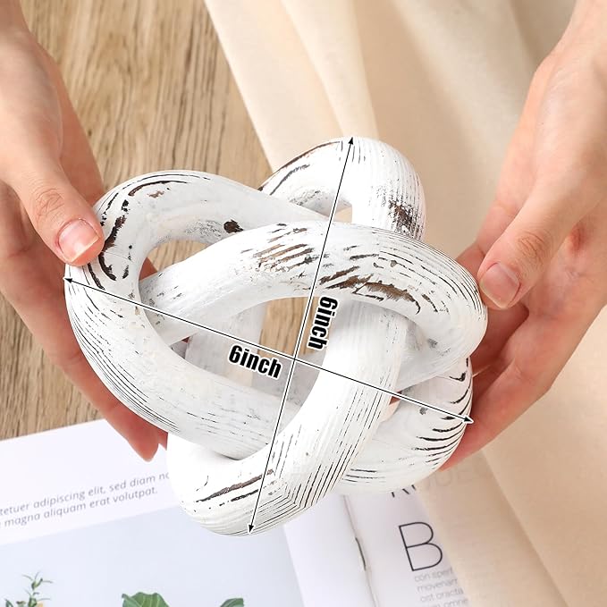 3 Link Wood Knot Decor - Hand Carved Coffee Table Decoration, Boho Chain Link Decor, Modern Shelf, Rustic Objects for Home Living Room Bedroom(Retro White)