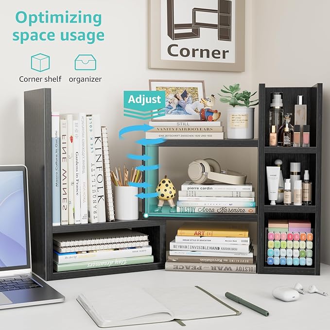 Desk Shelves Desktop Orgnizer Shlef - Black Office Organization for Top of Desk Organizers and Accessories Corner Bookshelf Table Top Shelving Small Hutch Decorations for Office