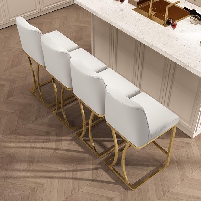 24" Counter Height Bar Stools Set of 2, White Counter Stools with Back and Gold Metal Frame, Modern Luxury Barstools with Footrest, Upholstered PU Leather Bar Chairs for Kitchen Island