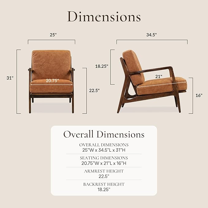 POLY & BARK Verity Leather Accent Chair – Armchair with Walnut Wood Frame – Fashion-Forward Lounge Seating for Living Room – Upholstered in Cognac Tan Leather for Modern Style