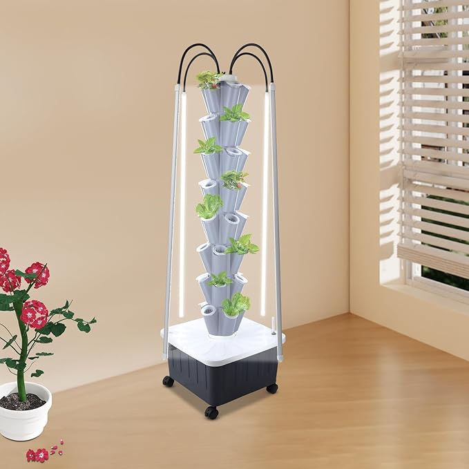 Hydroponics Growing System with LED Grow Lights, 40-Plants Indoor Vertical Hydroponic Tower, Vertical Garden Planter with Wheels, Hydroponic Germination Kit for Fruits, Vegetables, Herbs