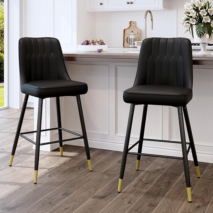 Bar Stools Set of 2,Counter Height Bar Stools with Back,Modern Faux Leather Kitchen Stools,27"Black Barstools with Stable Metal Leg,Armless Counter Height Chair for Kitchen Island,Coffee Corner