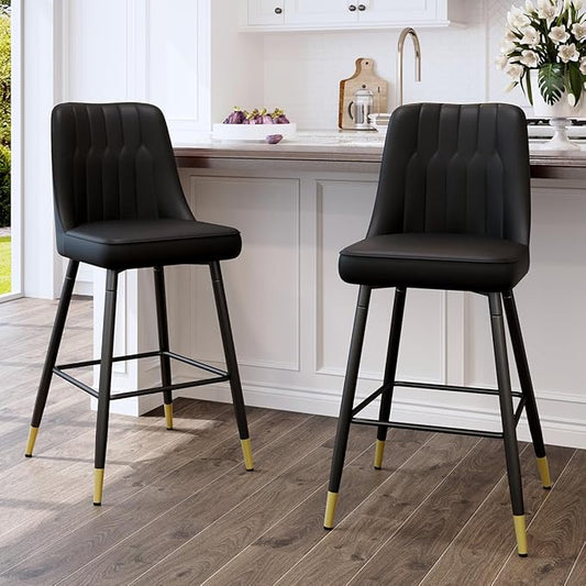 Bar Stools Set of 2,Counter Height Bar Stools with Back,Modern Faux Leather Kitchen Stools,27"Black Barstools with Stable Metal Leg,Armless Counter Height Chair for Kitchen Island,Coffee Corner