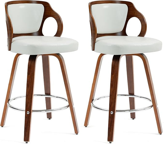 ECOTOUGE Swivel Bar Stools Set of 2, Walnut Faux Leather Counter Height Barstools with Bentwood Back and Footrest, for Dining Room, Kitchen Island and Pub, White