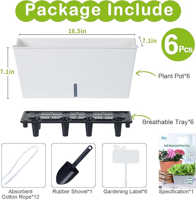 Window Box Planter 6 Pcs, 16.5 Inches Self Watering Rectangle Flower Plant Pots with Drainage Holes Trays, Vegetable Planters for Windowsill Patio Garden Balcony Porch Yard (White)