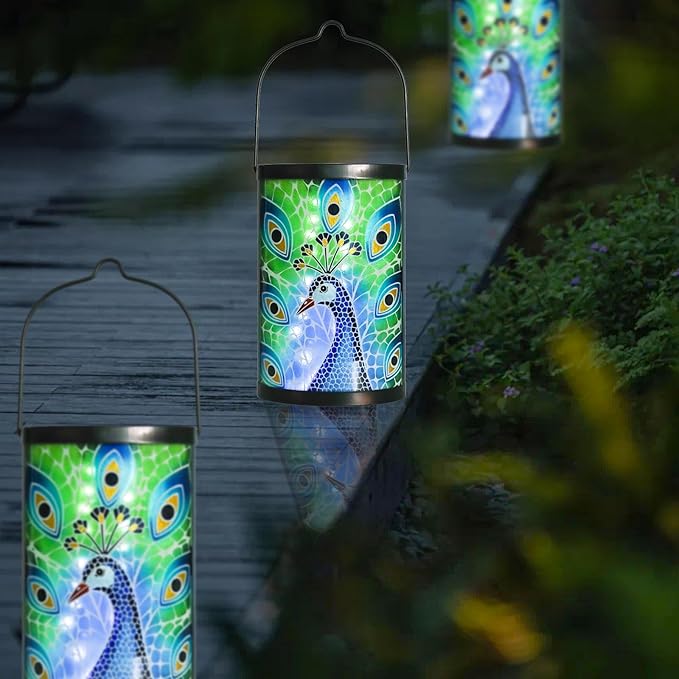 Afirst Hanging Solar Lantern Outdoor Glass Peacock Lights Waterproof LED Lamp for Garden Yard Tree Desk Decor