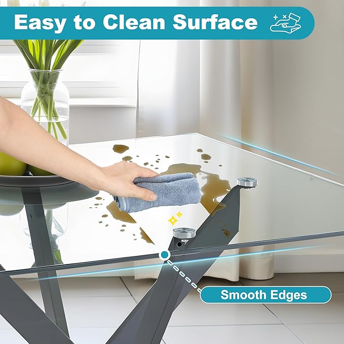 Dining Table for 4 Modern 35.43" Rectangular Glass Dining Table Kitchen & Dining Room Tables with Metal Base for Dining Room and Apartment, Black