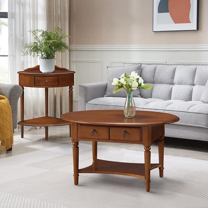 Coastal Solid Wood Oval Coffee Table with Shelf and Drawer, Rich Pecan Brown, Perfect for Living Rooms and Small Spaces – Leick Home, 20044-PC
