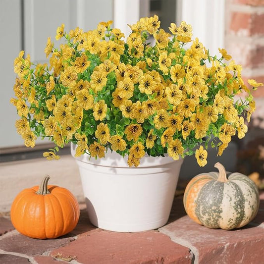 12 Bundles Artificial Flowers Plants for Outdoor Indoor Summer Home Decor, Faux Flower Daisy with Eucalyptus Leaves Fake Plants, UV Resistant Artificial Flowers for Garden Porch Patio Decor Yellow