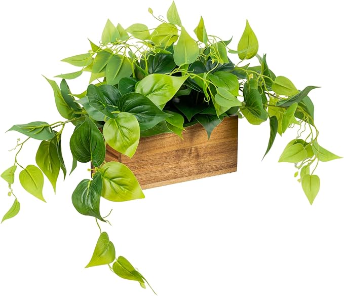 MyGift Vibrant Lifelike Artificial Plant Pothos Leafy Vine Greenery in Natural Solid Acacia Wood Rectangular Planter Box