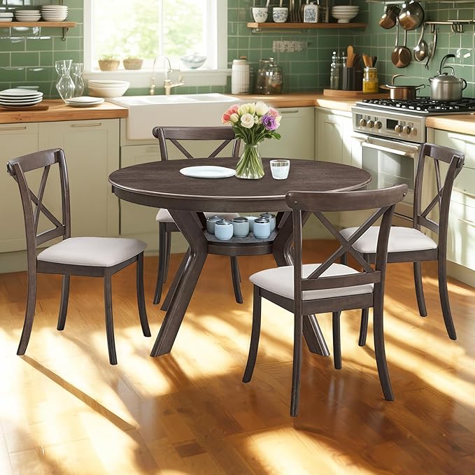 NicBex 47.24" Rubber Wood Round Dining Table for 4-6 People, Mid-Century Kitchen and Dining Table with Wooden Trestle Base, Rustic Brown Solid Wood and MDF Table for Dining Room or Living Room Brown