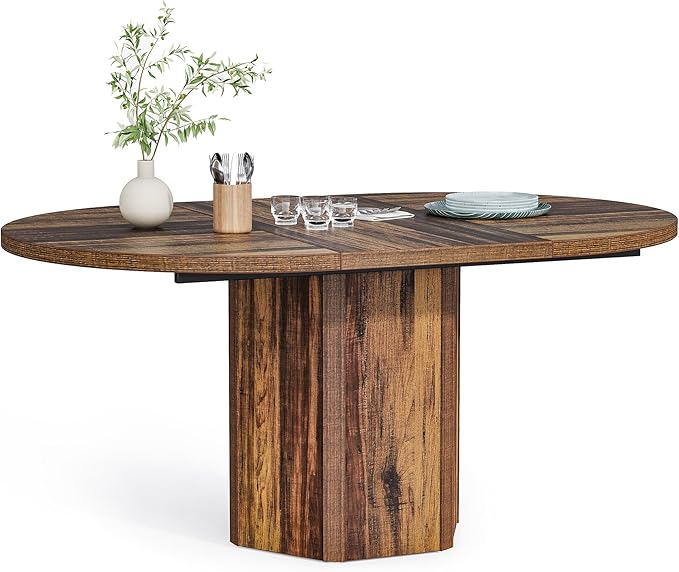 LITTLE TREE 55-Inch Rustic Oval Dining Table for 6, Wood Kitchen Table, Country Chic Furniture for Kitchen, Dining Room & Living Room Wooden Base, Brown Finish