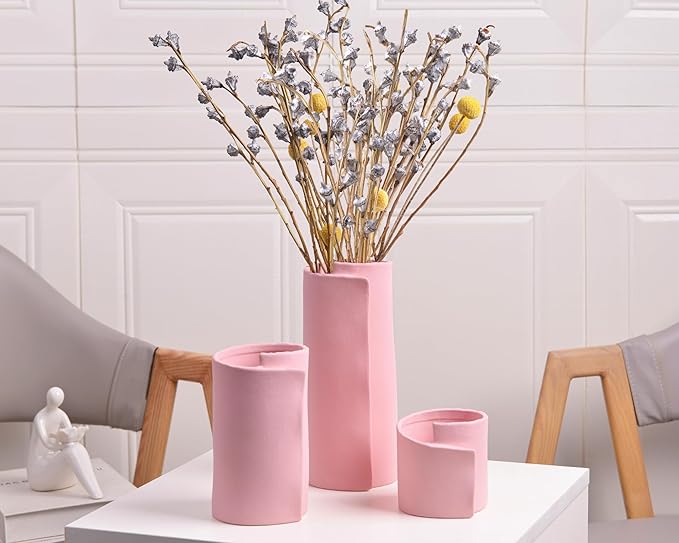 Pointnio Pink Ceramic Flower Vase Set of 3,Small Origami Flower Vases for Room Decor,Modern Boho Farmhouse Vase,Decorative Vases for Home Decor,Living Room, Kitchen, Bedroom