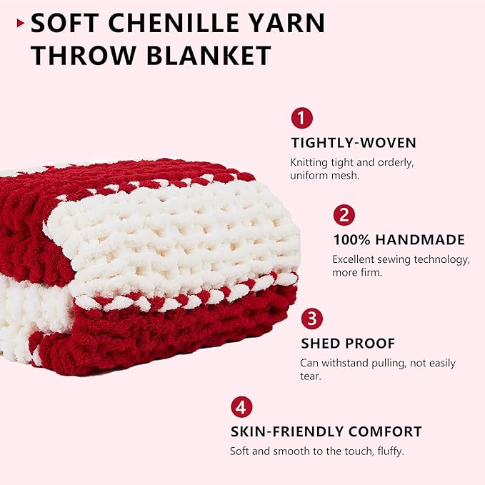 L'Agraty Chunky Knitted Throw Blanket: 80''x90'' Chenille Throw for Bed & Couch - Handmade Thick Cable Knit - Large Crochet Blanket (Red White)