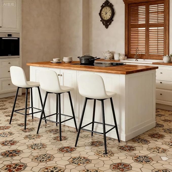 White Bar Stools Set of 2,Faux Leather Counter Height Bar Stools,24.6" Bar Chairs with Back Metal Footrest,Modern Counter Stool with Back and Footrest for Kitchen Island Restaurants Pubs