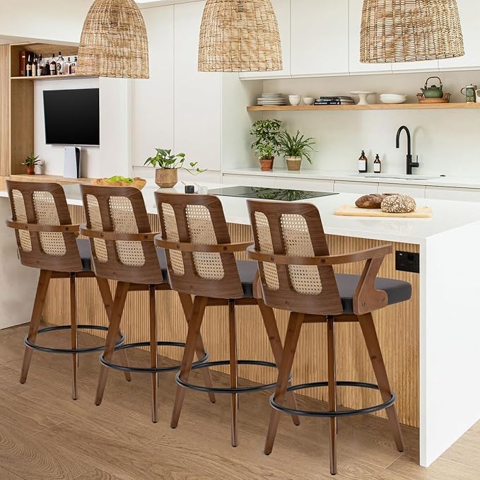 Set of 3 Swivel Counter Height Bar Stools - 27 inch Walnut Counter Stool with Cane Back, Upholstered Seat, Curved Arms, Faux Leather Counter Stools for Island/Pub/Kitchen (27" Seat Height, Brown)