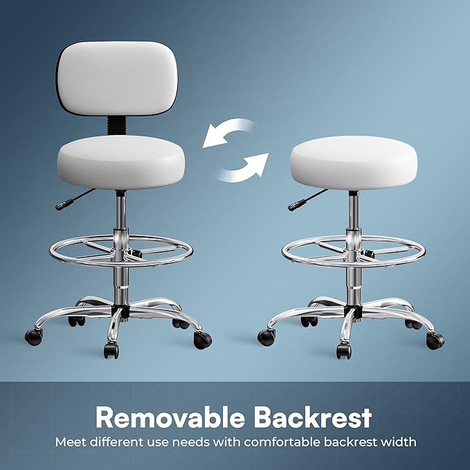 SUPERJARE Drafting Chair with Back, Adjustable Foot Rest Rolling Stool, Multi-Purpose Office Desk Chair, Thick Seat Cushion for Home Bar Kitchen Shop - White