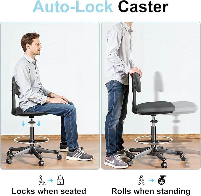 Drafting Stool with Back Support – Height Adjustable Standing Desk Stool with Back & Foot Rest | Auto-Lock Casters,Ergonomic |Tall Standing Desk Chair for Studio, Lab, Office or Home