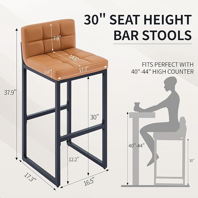 Bar Stools Set of 4, Upholstered Bar Height Barstools with Back and Thickened Metal Frame, Modern 30-inch Tall Bar Chairs for Kitchen Island, Bar, Counter (Caramel Brown, 4Pcs 30" Bar Stools)