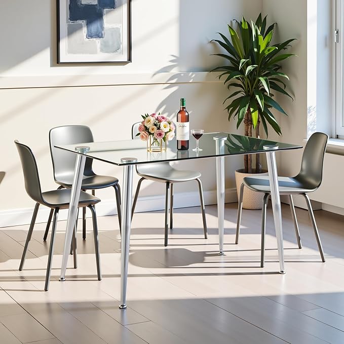 Dining Table for 6 Rectangular 47.2" Modern Glass Dining Table Kitchen & Dining Room Tables with Glass Tabletop and Metal Legs for Dining Room, Clear