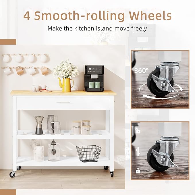 Shintenchi Kitchen Island Cart with Storage,Rolling Kitchen Island Side Table on Wheels with Large Worktop,Storage Cabinet,Towel Rack,Drawers and Open Shelves for Kitchen,Dinning Room,White