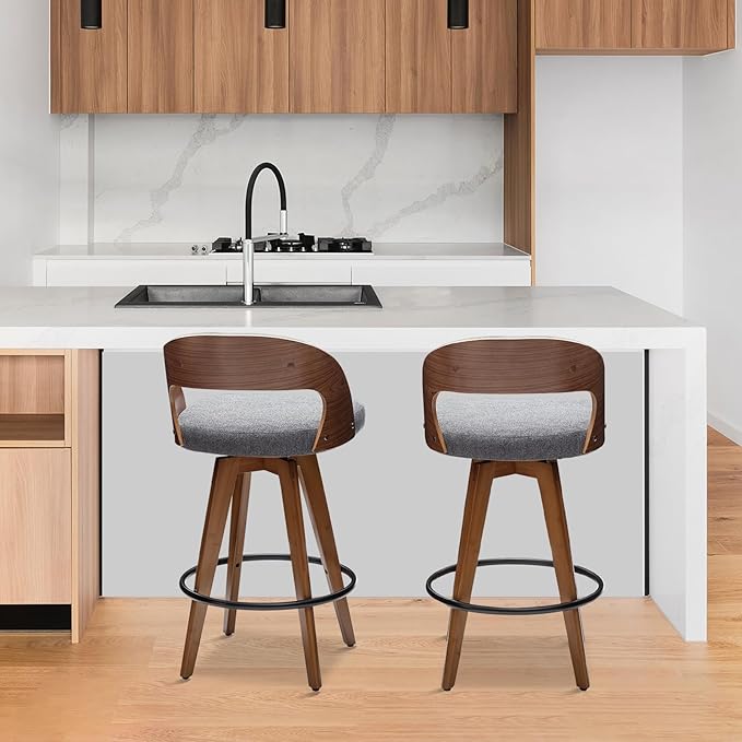 Barstools Set of 3,Bar Height Bar Stools for Kitchen Island,30.3 Inch Modern Upholstered Bar Chair, Swivel Bar Stools with Back and Wood Legs (Darkgray-Fabric)
