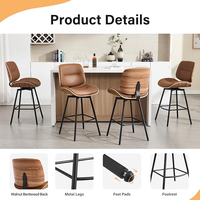 Mid Century Modern Counter Stools Set of 2, 27" Swivel Bar Stools with Metal Legs, Faux Leather Upholstered Bar Chairs with Footrest for Kitchen Island & Dining Tables, Brown