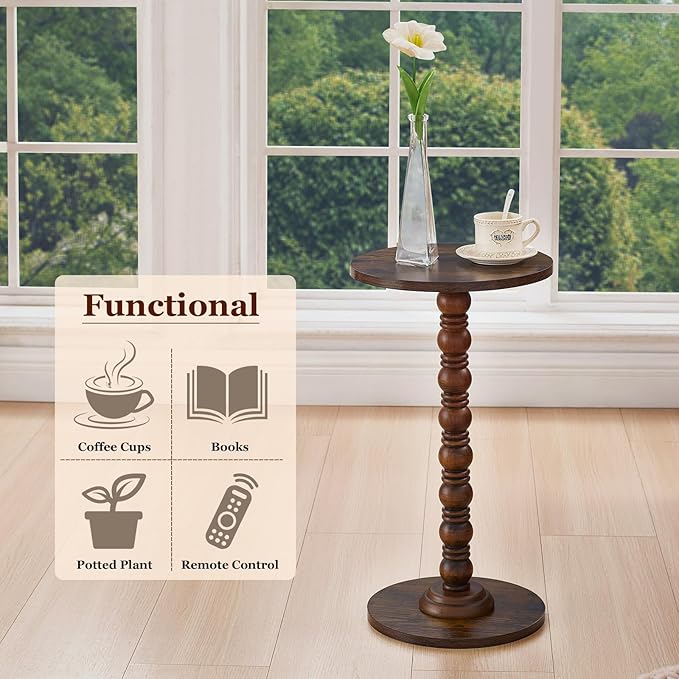 Round Side Table,Stable Small Drink Table for Small Spaces, Modern Accent Side Table with Solid Rubber Wood Table Leg,Easy Assembly for Living Room, Bedroom, Sofa & Office Corners-Rustic Brown