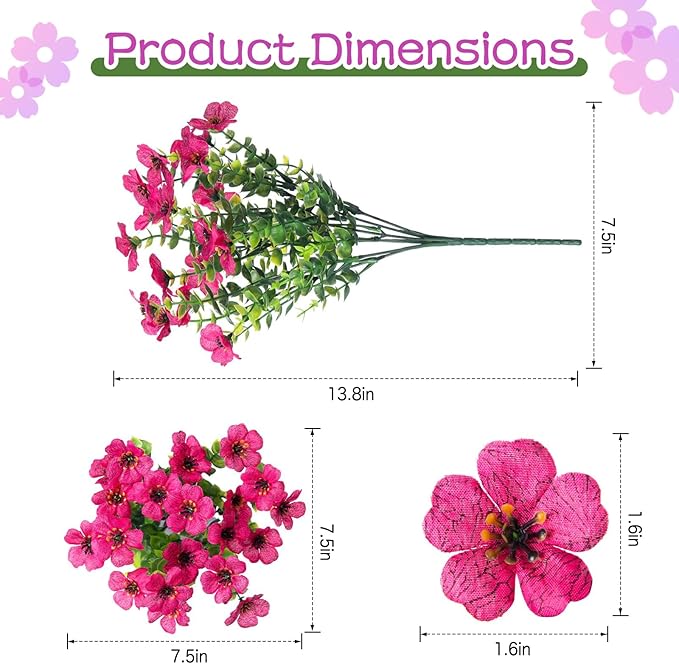 Artificial Flowers for Outdoors,Faux Flowers Daisy with Eucalyptus Leaves for Indoor Garden Home Decoration,UV Resistant Artificial Flower Fake Plants for Porch Patio, 12 Bundles (Purple Pink)
