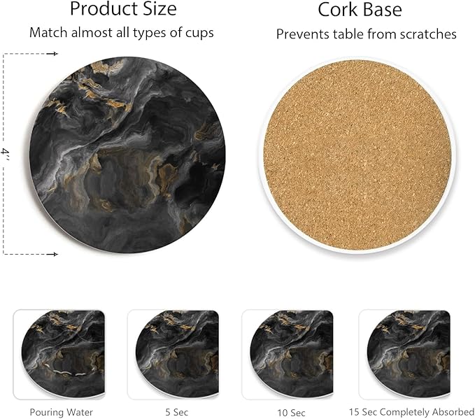 Set of 6 Abstract Black Marble Coasters with Holder, Absorbent Ceramic Coasters for Drinks, Coasters with Cork Backing for Table Protection, Housewarming Gifts for New Home
