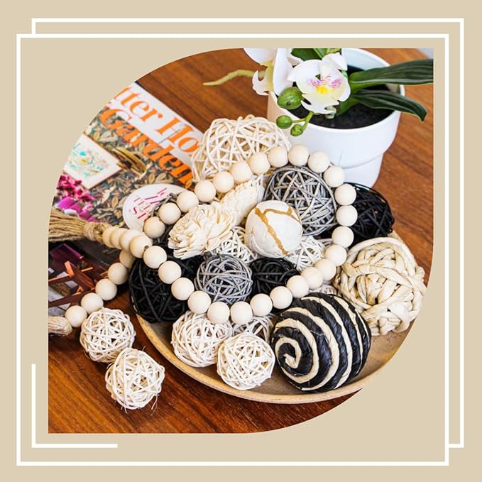 Qingbei Rina Black Decorative Balls for Bowls, Assorted Wicker Rattan Balls Decorative, Bowl Vase Filler Balls, Decorative Orbs Woven Spheres for Centerpiece, Wedding Table Home Decor