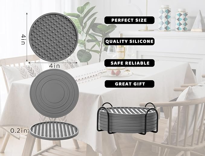 Coasters for Drinks 6 Pack Drink Coasters with Holder,Heat Resistant Silicone Cup Mat Tabletop Protection,Non-Slip Rubber Coaster for Kinds of Cups (Grey)