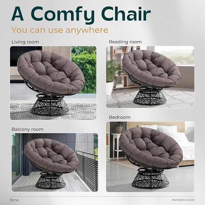 Bme 40" Ergonomic Wicker Papasan Chair with Soft Thick Cushion & Frame, 360° Swivel, Circle, Reading, Comfy Chair for Living Room, Bedroom