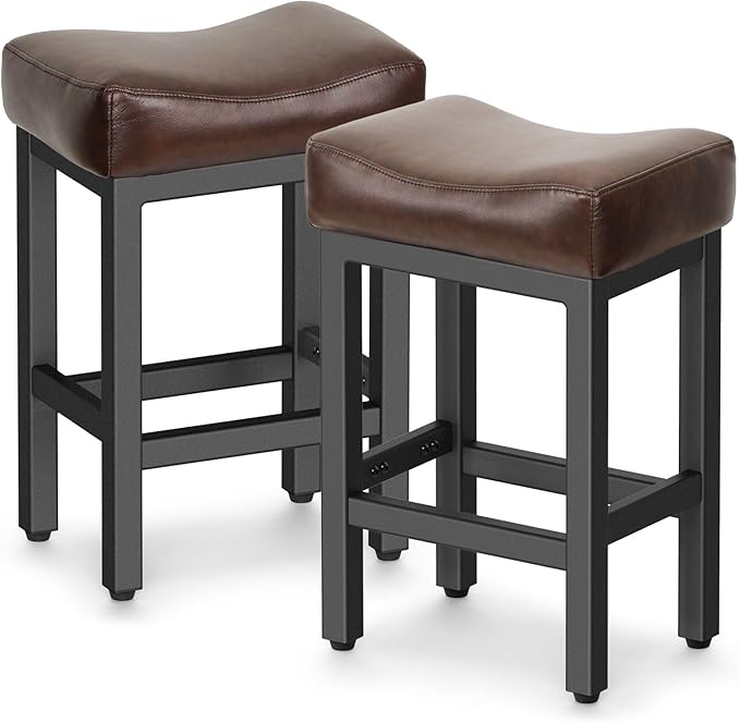 Counter Height Bar Stools Set of 2, 24 Inch Barstools for Kitchen Island Counter, Bonded Leather Kitchen Stools with Thick Saddle Seats & Heavy Duty Metal Base, Easy Assembly, Brown/Black