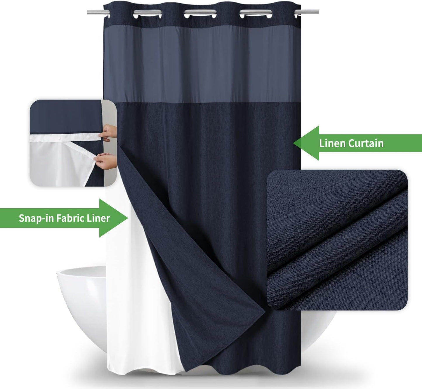 Stall No Hooks Needed Linen Textured Shower Curtain with Snap-in Fabric Liner Set,Hotel Luxury Decor Farmhouse Shower Curtains for Bathroom,Waterproof & Washable,54Wx80H,Navy Blue