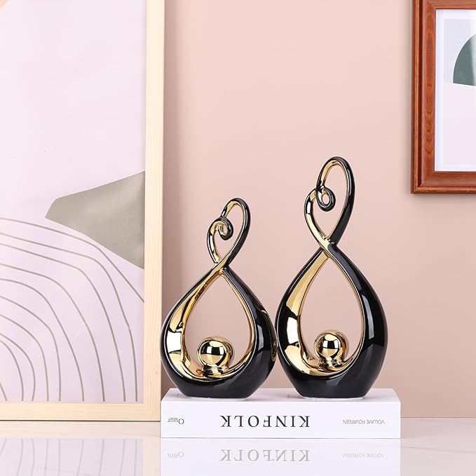 Black Decor Accent, Porcelain Art Mid Century Modern Black and Gold Decorations, Dining Table Objects, Abstract Ceramic Statue Sculpture - for Bookshelf Tv Stand Centerpiece Centro De Mesa