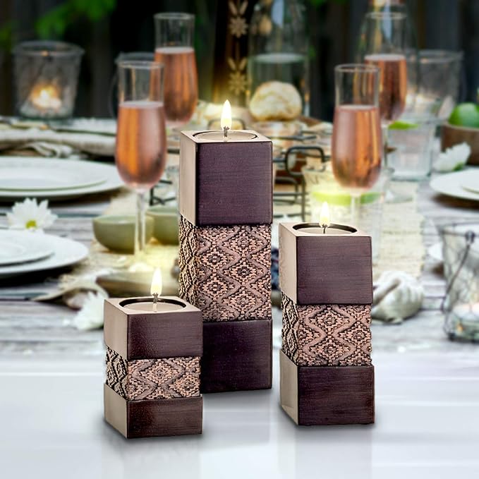 Creative Scents Dublin Brown Set of 3 Tealight Candle Holders Table Decor Gift Set - Centerpieces for Living/Dining Room Table, Coffee Table Decor for Fireplace/Entrance or Bathroom