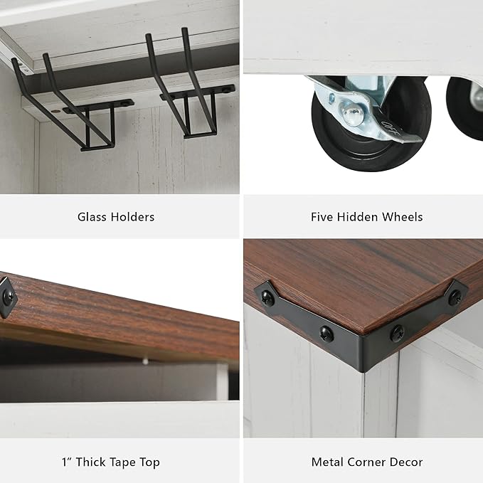 Merax Farmhouse 58 inch Kitchen Island on 5 Wheels with Drop Leaf Table, Power Outlet & Glass Holders, Wood Kitchen Rolling Cart with Spice Rack & Sliding Barn Door, 3 Drawers & Cabinet, White